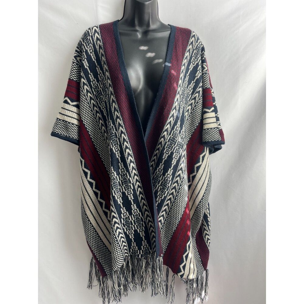 La Vie 89 Poncho Cardigan Sweater S/M Ethnic Aztec Fringe Multicolor Festival
